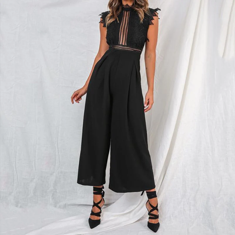 Сексуальный женский комбинезон без рукавов, с открытой спиной, с оборками, элегантный, с вырезами, женские длинные Комбинезоны, Летний комбинезон, повседневные Комбинезоны - Цвет: Черный