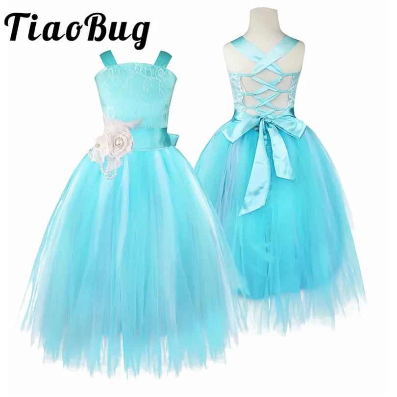 

Blue Flower Girls Dress Kids Pageant Party Ball Gown Prom Princess Formal Occassion Long Crossed Back Dress