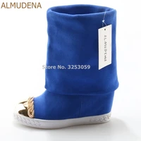 almudena women mid calf chain embellished turn off boots metal decoration blue white black suede wedge heel motorcycle boots