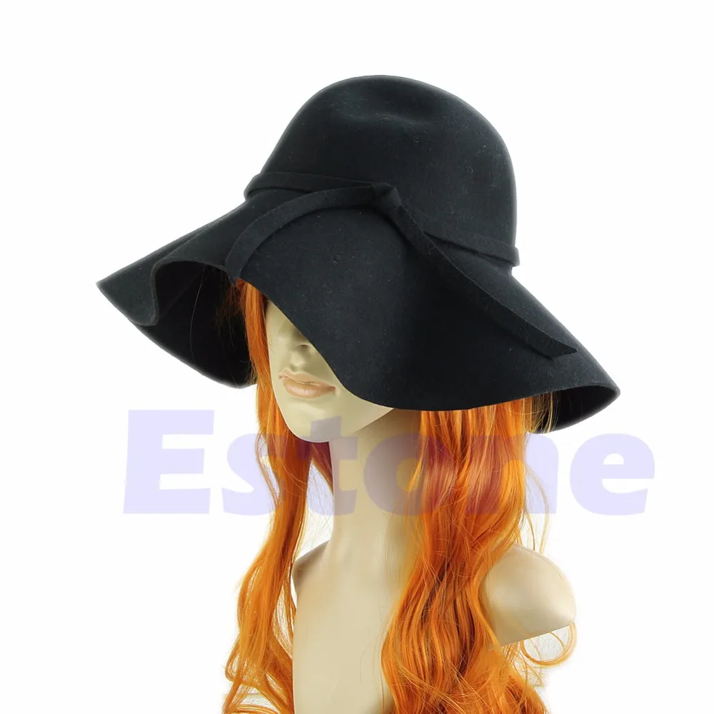 

Women Soft Felt Fedora Floppy Cloche Wide Brim Bowknot Bowler Hat Cap