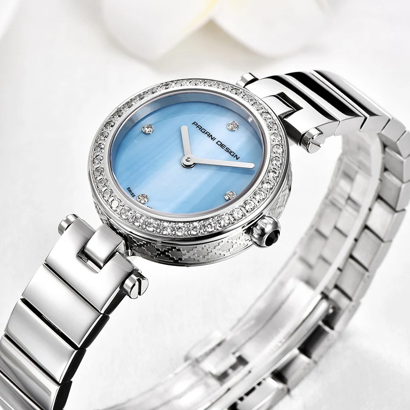 Женские часы PAGANI дизайнерские Роскошные Серебристые кварцевые с голубым