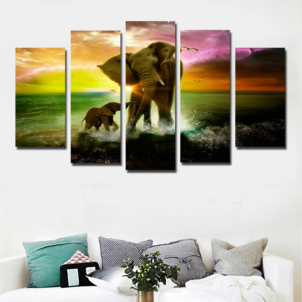 

SELFLESSLY Animals Art Canvas Painting Posters Prints Elephant and son sunset Waves On Canvas Wall Picture For Kids decor