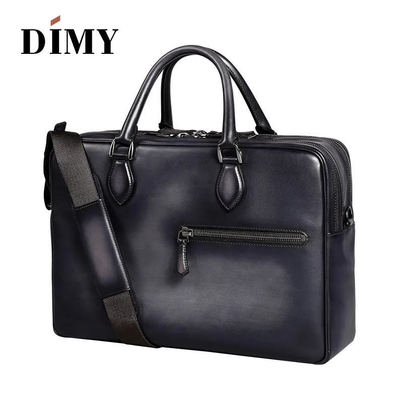 DIMY Hand Patina Vintage Briefcase Genuine Cow Leather Shoulder Bag Double Zipper Laptop Bags Business Case Travel Bag For Men