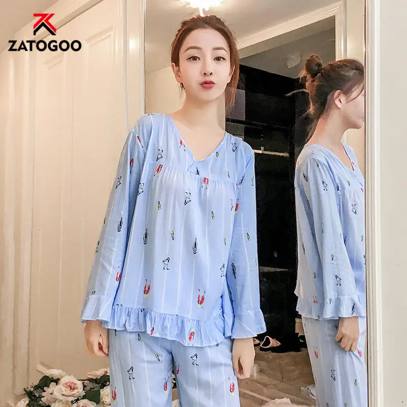 Blue Модный милый пижамный комплект из хлопка с длинными рукавами для девочек; модная женская одежда для сна; костюм для дома; одежда с цветочным принтом для отдыха - Цвет: Blue