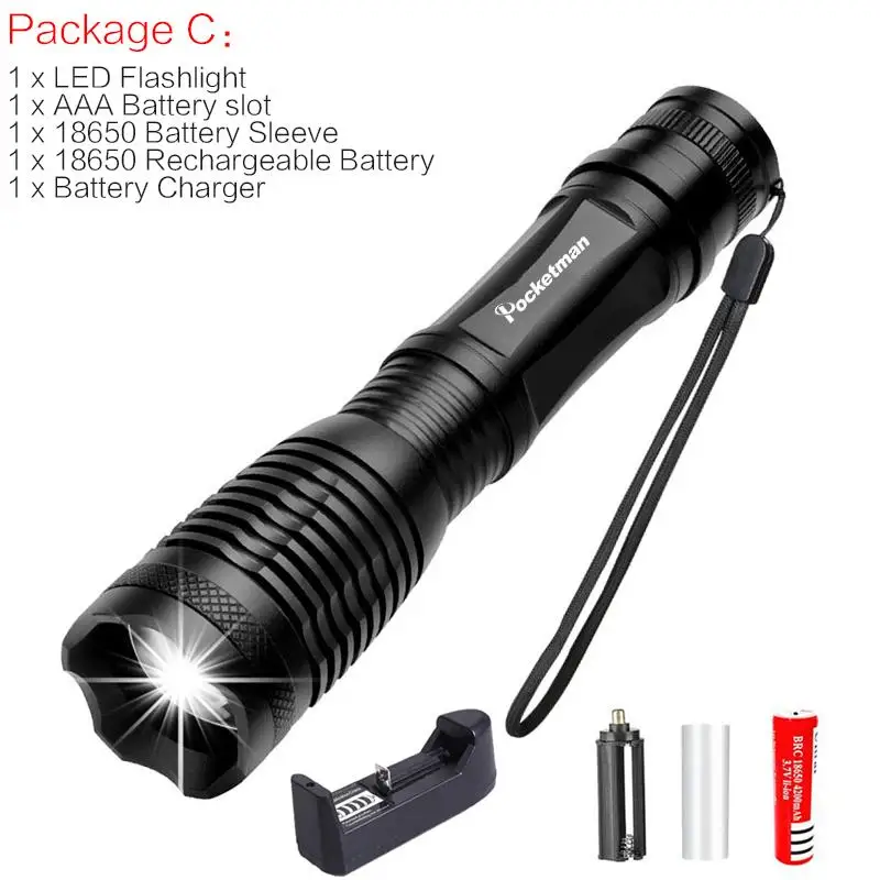 Package C Мощный 13000LM светодиодный фонарик V6 L2 T6 светодиодный фонарь Водонепроницаемый фонарь с увеличением с 5 режимов фонарик с Перезаряжаемые 18650 - Испускаемый цвет: Package C