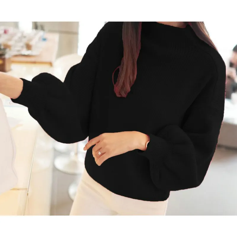 2019 Autumn Women Lantern Sleeve Korean style Knitted Sweaters Pullovers Half Turtleneck Jumper Tops One Size | Женская одежда