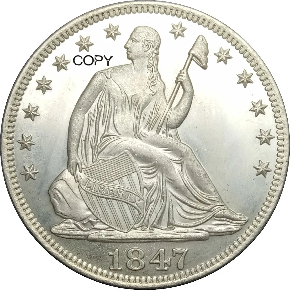

Соединенные Штаты свобода сидя половина доллара Большие буквы в легенде 1847 o No девиз над орлом Латунное покрытие Серебряная КОПИЯ монета