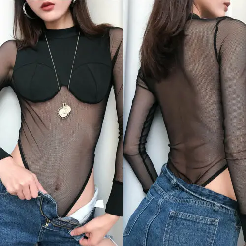 Женское прозрачное боди с длинными рукавами сетчатый прозрачный черный