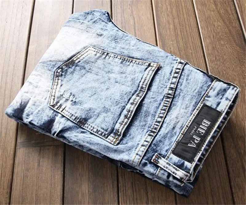 New fashion clothing designer pants destroyed mens slim denim straight biker skinny jeans men ripped Male Boys | Мужская одежда