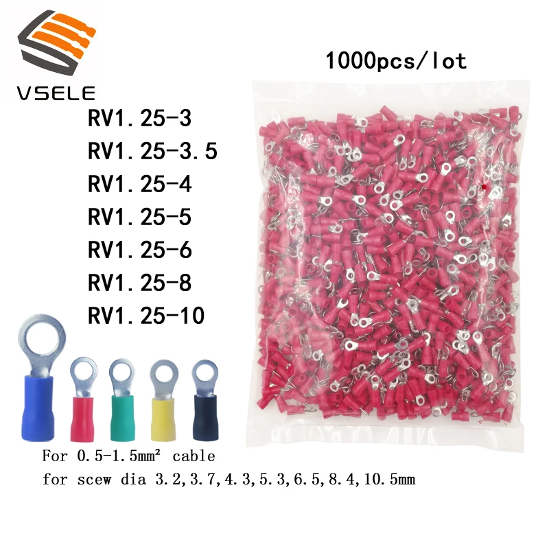 

VSELE 1000 шт./упак. кольцо обжимной изоляции RV1.25-3 RV1.25-4 RV1.25-5 RV1.25-6 8 10 для 0,5-1.5mm2 провода Кабельный разъем