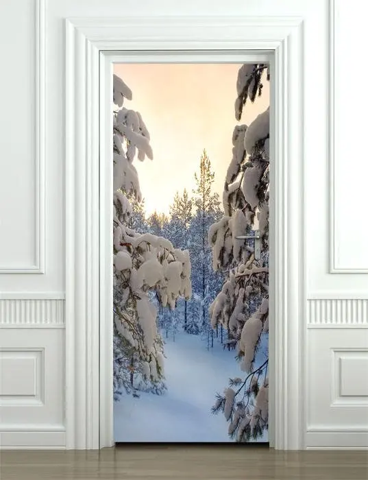 3D Door Mural Winter Forest Sticker Wall Print Decal Deco Photo Stickers self adhesive door wrap  Дом и