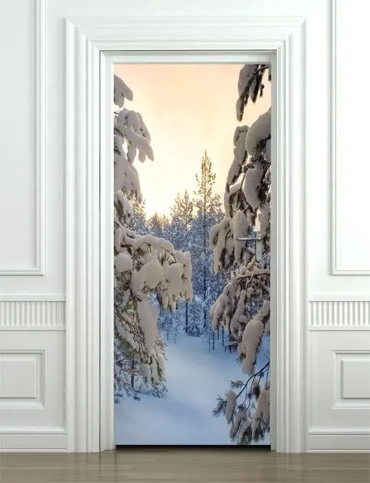 3D Door Mural Winter Forest Sticker Wall Print Decal Deco Photo Stickers self adhesive door wrap | Дом и сад