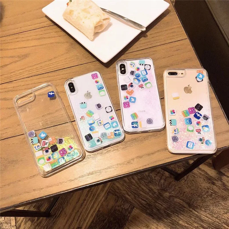 Flashing Dynamic Liquid Quicksand Back Case for iPhone X 8 7 6 6S Plus Transparent TPU Application Icons Phone Cute Cover |