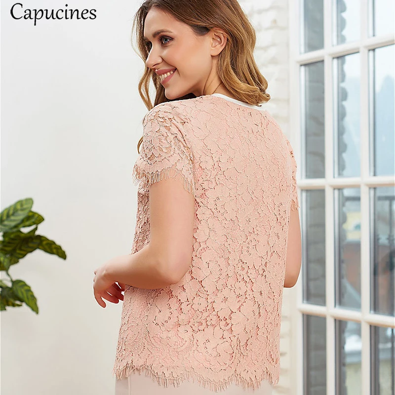 Summer Women's Lace Tops Fashion Floral O-Neck Short Sleeves Casual Loose Blouse Shirts Sweet Pink Tops Female Blusas