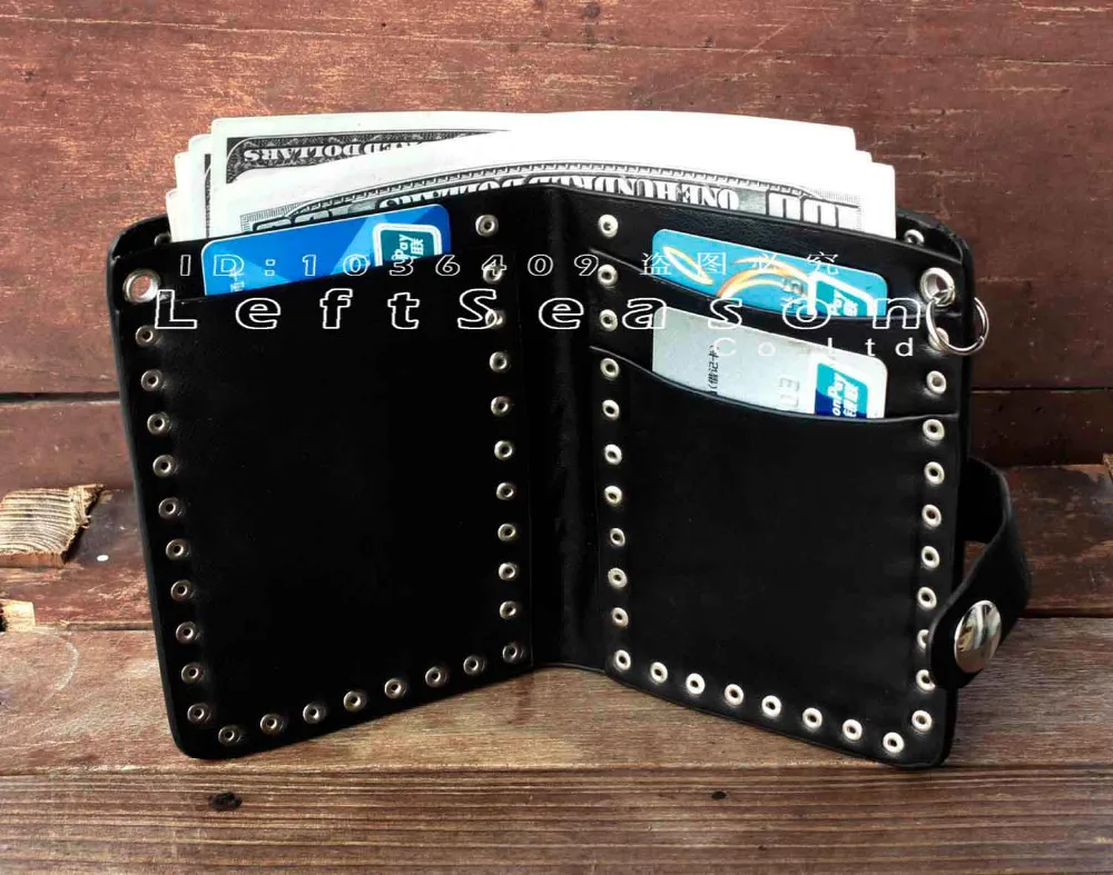 Мужской черный двойной кожаный кошелек с цепочкой Байкер панк готический