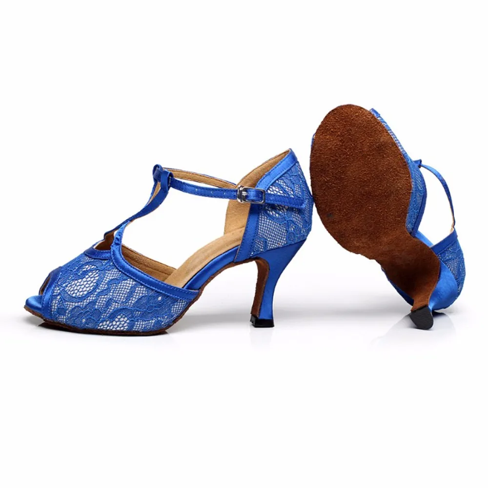 Женские атласные туфли для латиноамериканских танцев синие бальных обувь на