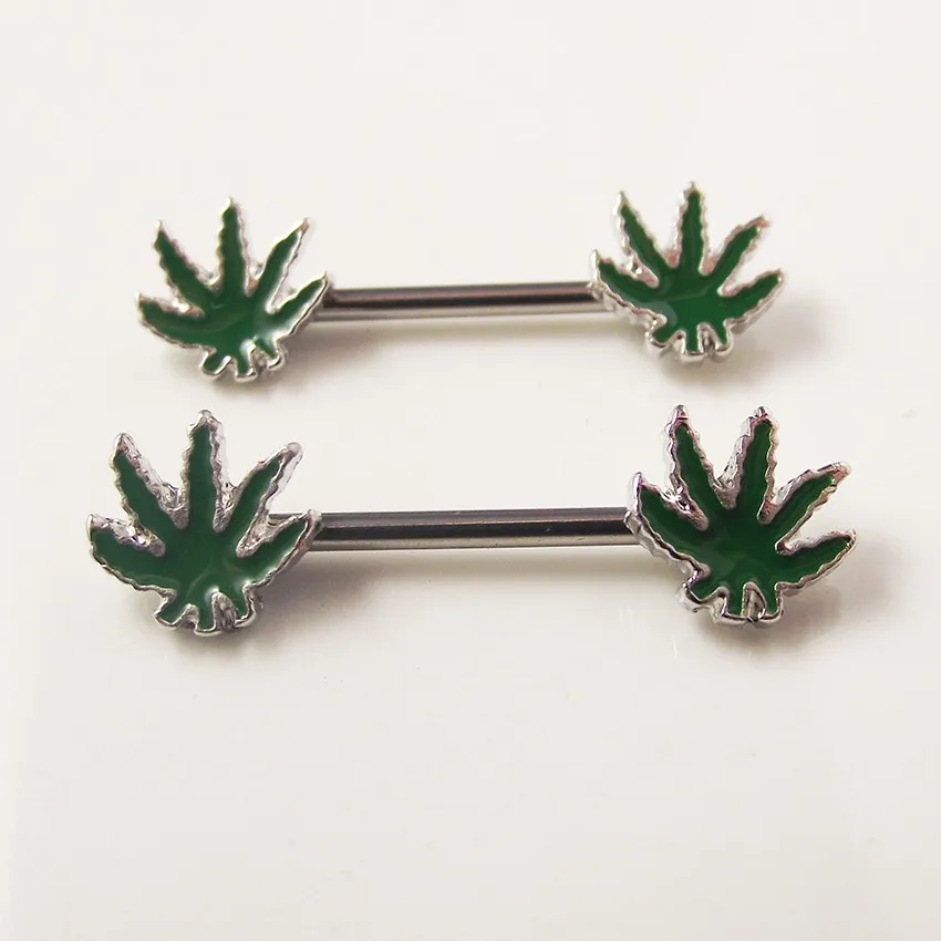 Кольцо женское пирсинг с зелеными листьями из нержавеющей стали 14 г 2 шт. |