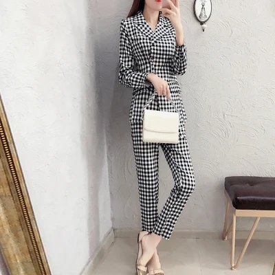 plaid Women Suit Sets Blazer &amp 9 points pants Work Pants Suits 2 Piece Office Lady Outfits summer New 2018 | Женская одежда