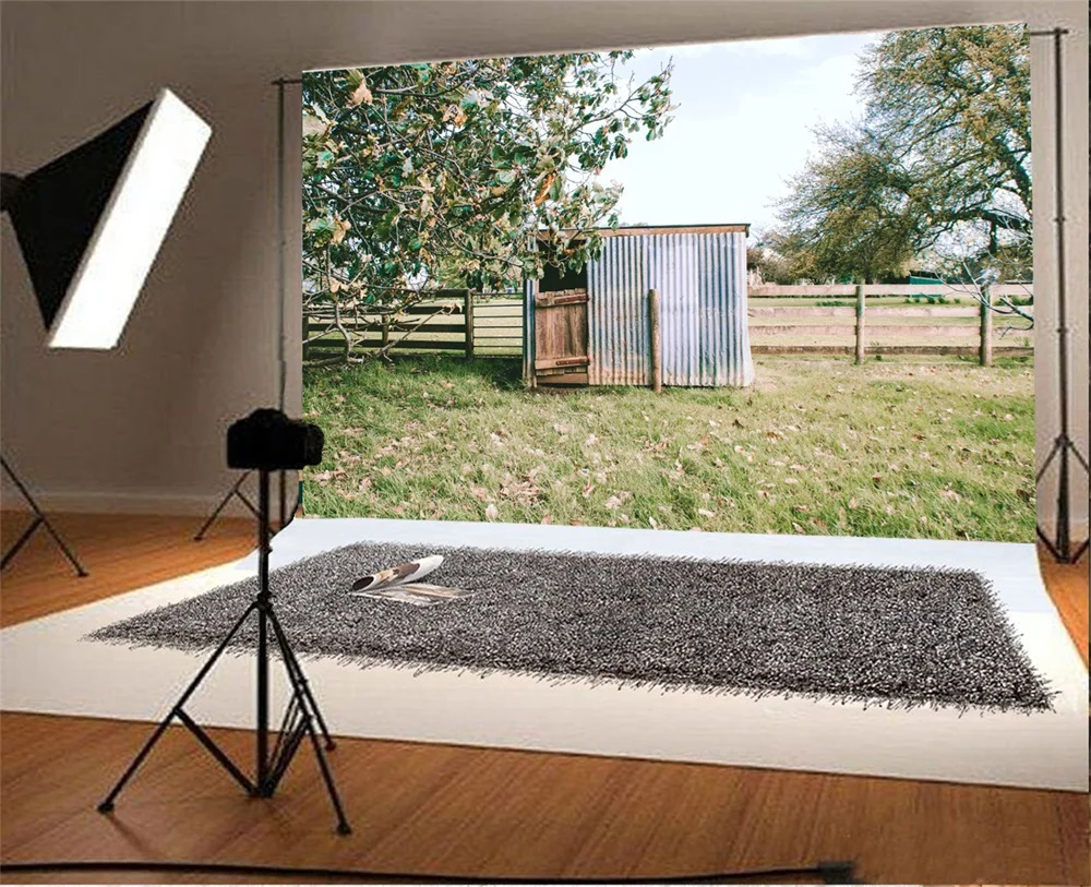 Laeacco Simple Wooden House Fence Grassland Scenic Photographic Backgrounds Customized Photography Backdrops For Photo Studio |
