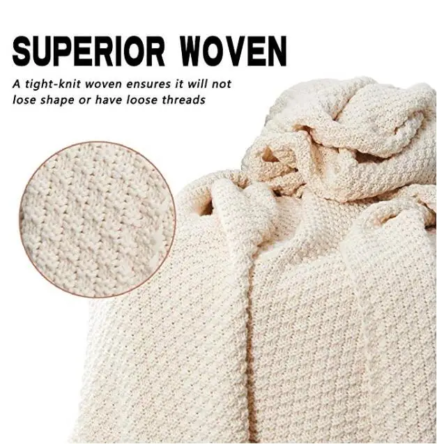 Mantas de punto 100% algod&oacute;n para sof&aacute;, cama, m&uacute;ltiples usos, borlas especiales, ligero, color crema, cuatro Se-2