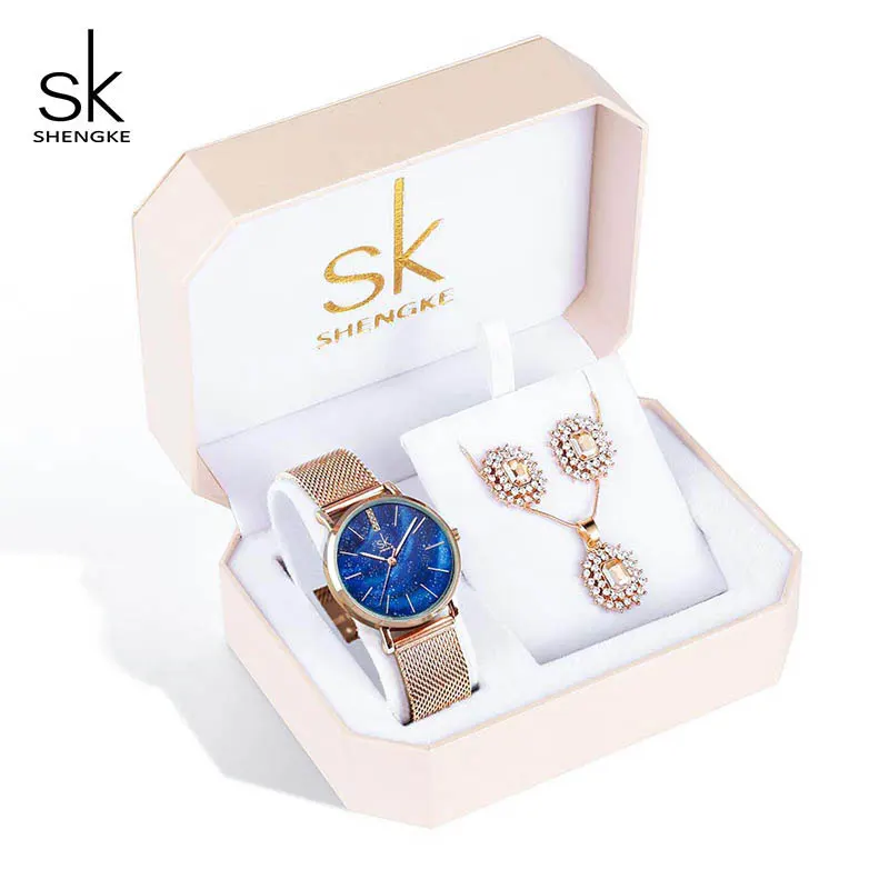 K0103 Blue set Shengke креативный Кристалл ювелирный набор женские кварцевые часы, Рождественский подарок коробка для женщин часы розовый золотистый браслет со стразами ювелирный набор - Цвет: K0103 Blue set
