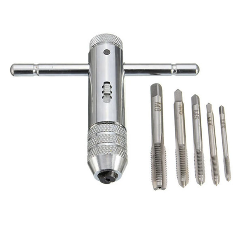 

T-Handle Ratchet Tap Wrench with 5pcs M3-M8 Machine Screw Thread Metric Plug Tap Machinist Tool Kit Set of tools for Drillpro