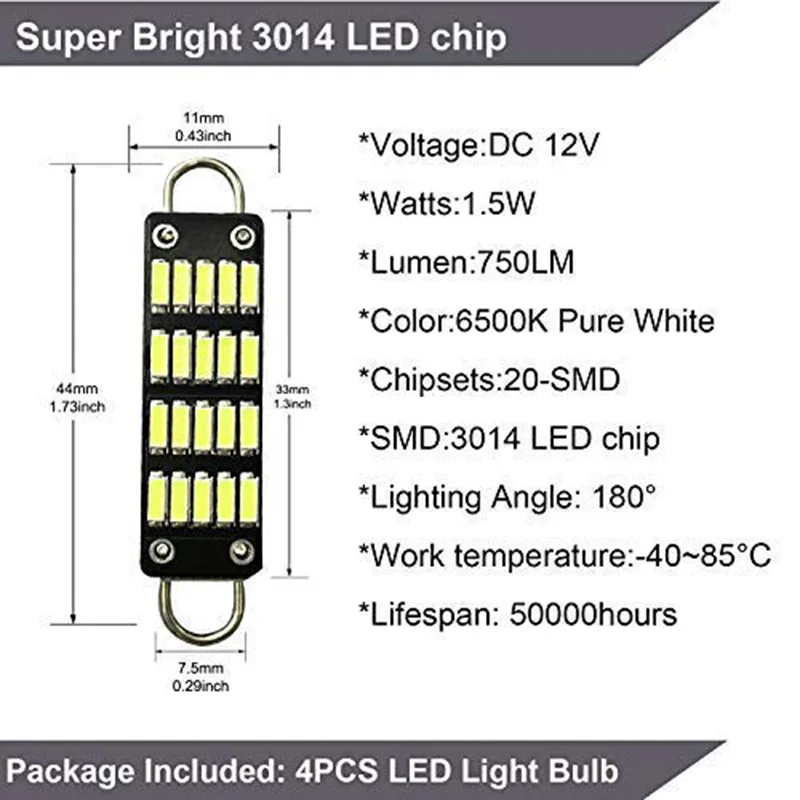 Bulb 44Mm Bright White Festoon Led 20 Smd Rigid Loop 1.73 Inch Interior Dome Map Lights 561 562 567 564 Pack Of 4 | Автомобили и