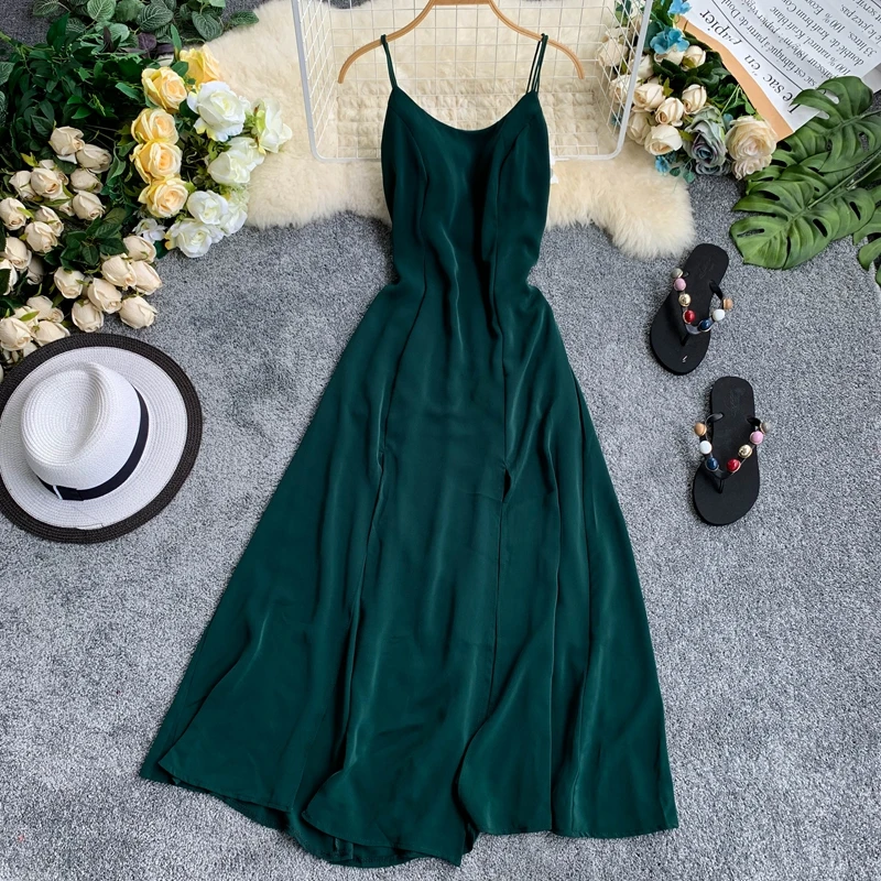 

Women Summer Fashion Maxi Long Causal Spaghetti Stripe Sexy High Slit Beach Dress Black/White/Apricot/Green/Light Green/Red