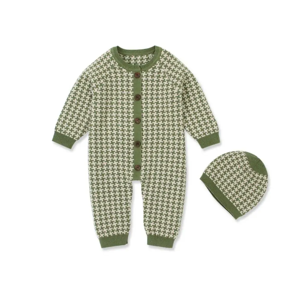 plaid green Вязаная одежда для малышей мальчиков и девочек, комбинезоны для новорожденных, весна, детская одежда для малышей, спортивный костюм комбинезон для младенцев, Комбинезоны Зимний Детский комбинезон с шапкой - Цвет: plaid green