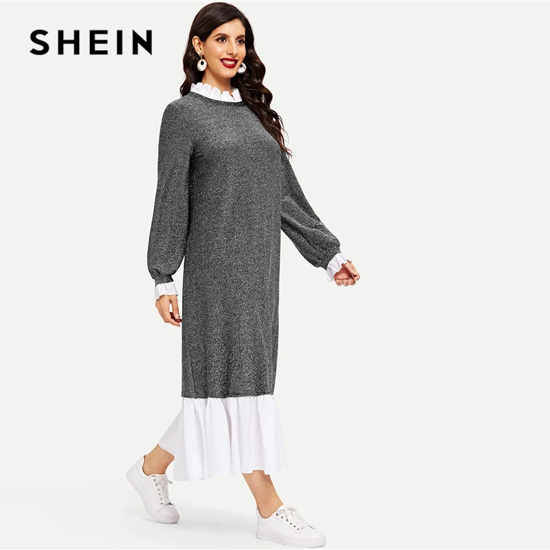 SHEIN серый современный женский Блестящий хиджаб с оборками и воротником-стойкой, платье с заниженной талией, повседневное элегантное женское осеннее Современное женское платье