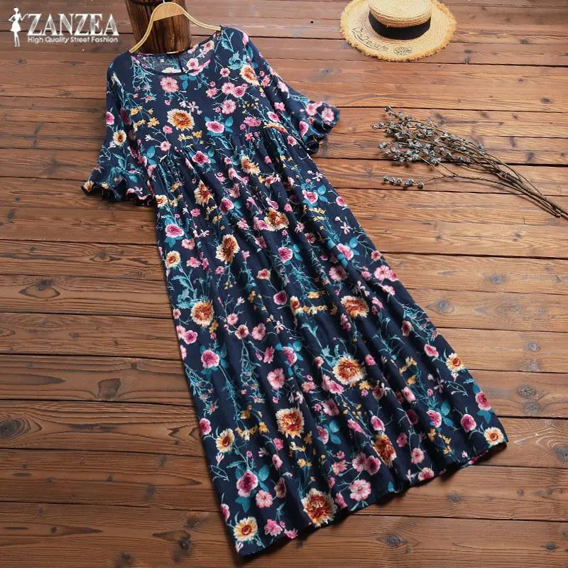 ZANZEA модное платье с принтом и рюшами, женский летний сарафан, винтажное платье миди с цветочным принтом, женское Повседневное платье с рукавом до локтя