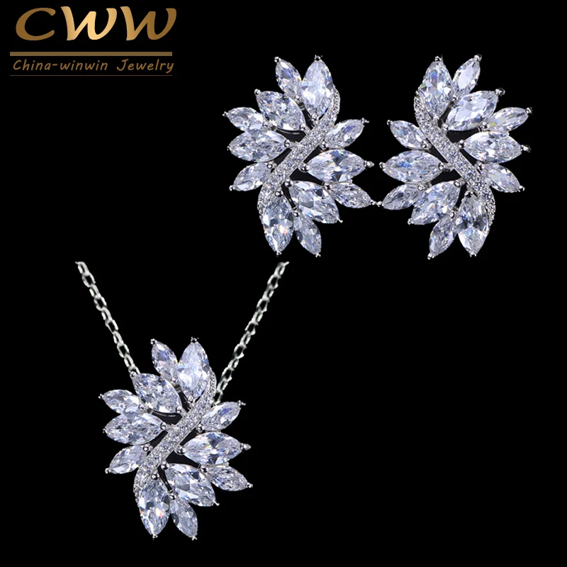 Женский комплект из колье и серёг с белым фианитом|pendant and earring set|set weddingwedding bridesmaids
