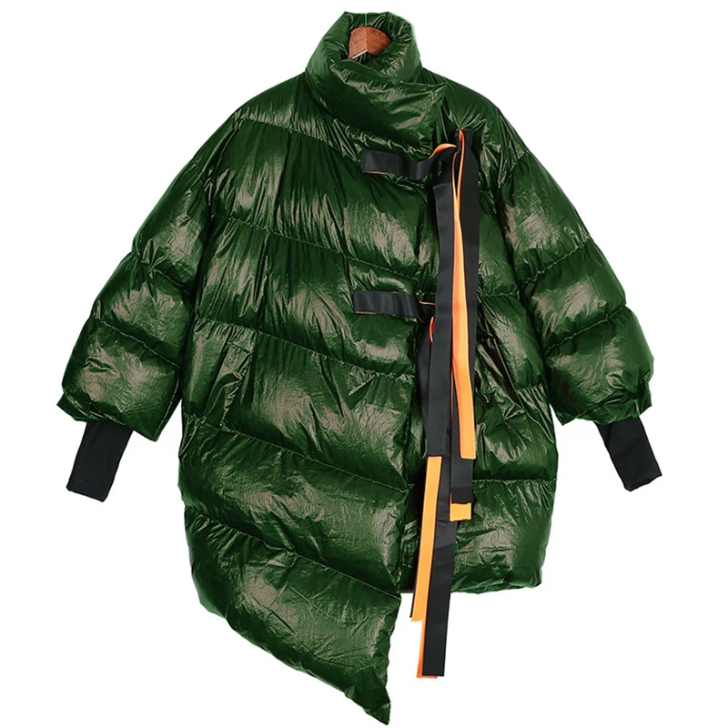 Green Coat CHICEVER ленты женские зимние пуховики со стоячим воротником с длинным рукавом ассиметричная куртка женская модная одежда - Цвет: Green Coat