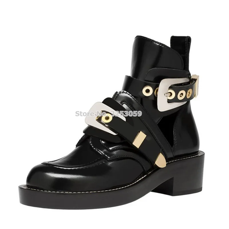 

Women Luxurious Nice Chunky Low Heel Motorcycle Boots Gold Silver Metal Buckle Strap Cut-out Knight Booties Runway Ankle Boots