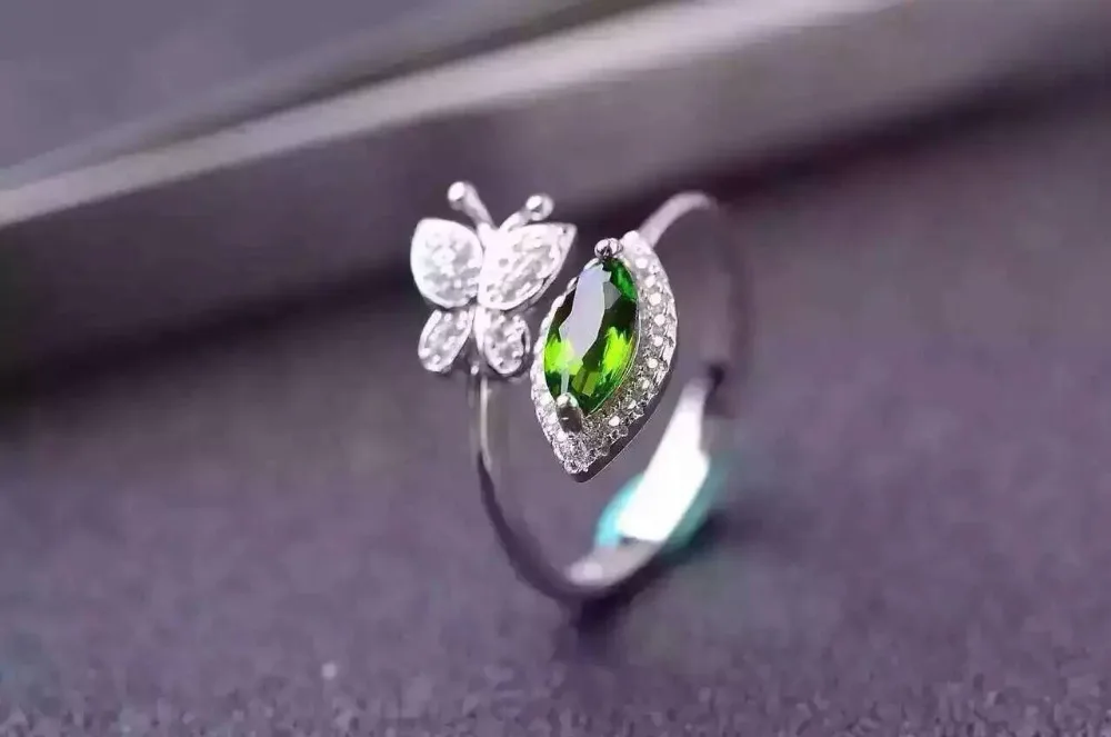 

Fashion Open design Butterfly flight Natural diopside Ring S925 Silver Natural Gemstone Ring girl Women's party gift Jewelry