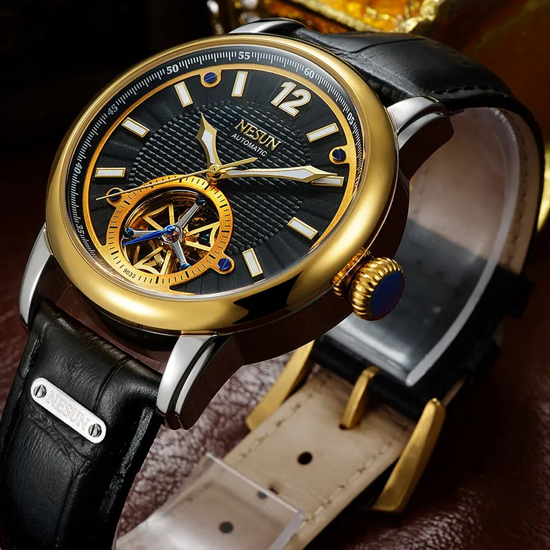 GoldBlack NESUN Роскошные Лидирующий бренд для мужчин Tourbillon полые автоматические механические наручные часы водонепроницаемый спортивные часы Relogio Masculino - Цвет: GoldBlack