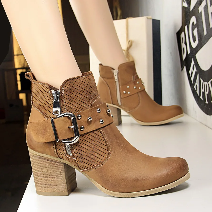 BIGTREE Winter Women Ankle Boots Woman Round Toe Square heel Shoes Female Buckle Rome Metal Rivet Knight Motorcycle Short | Обувь
