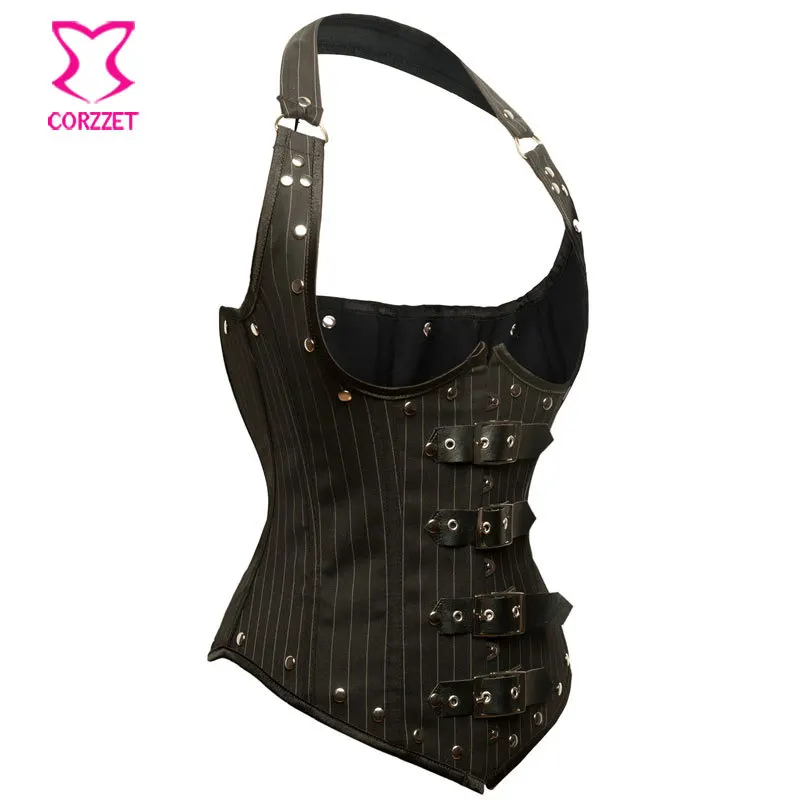 Корсет в тонкую полоску с бретелькой через шею готический корсет Черный стиле