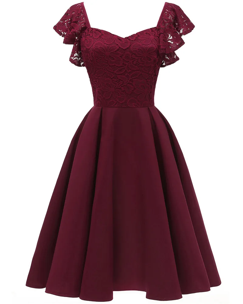 wine red LSYCDS, элегантное, с оборками, с рукавом, с цветочным рисунком, голубое, кружевное, женское платье, сексуальное, с открытой спиной, повседневное, праздничное платье, а-силуэт, большое, свободное платье, Robe Femme Ete - Цвет: wine red