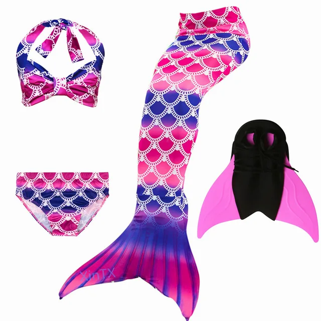 4pcs as picture show Для девочек, детский купальный костюм Русалочки, Моноласты, хвосты для купания ласты Купальный костюм для плавания бикини, купальный костюм с рисунком «маленькая русалочка» - Цвет: 4pcs as picture show