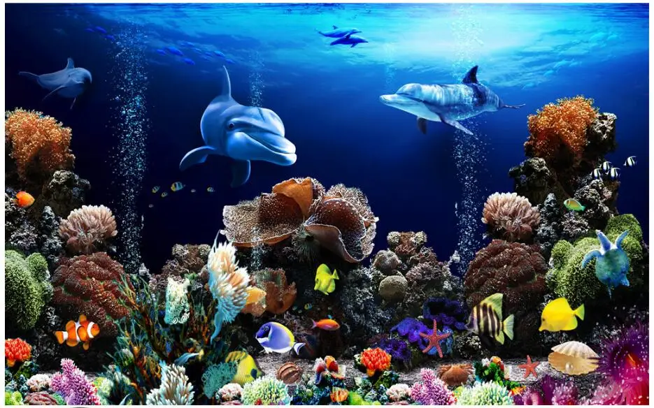 3D-обои на заказ фотообои темно-синего цвета морской дельфин коралловые рыбы