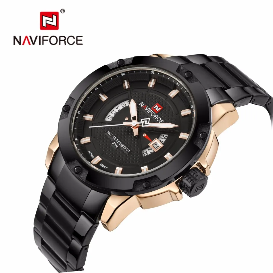 Часы мужские NAVIFORCE брендовые полностью стальные армейские часы Мужские кварцевые часы спортивные наручные часы relogio masculino - Цвет: golden black