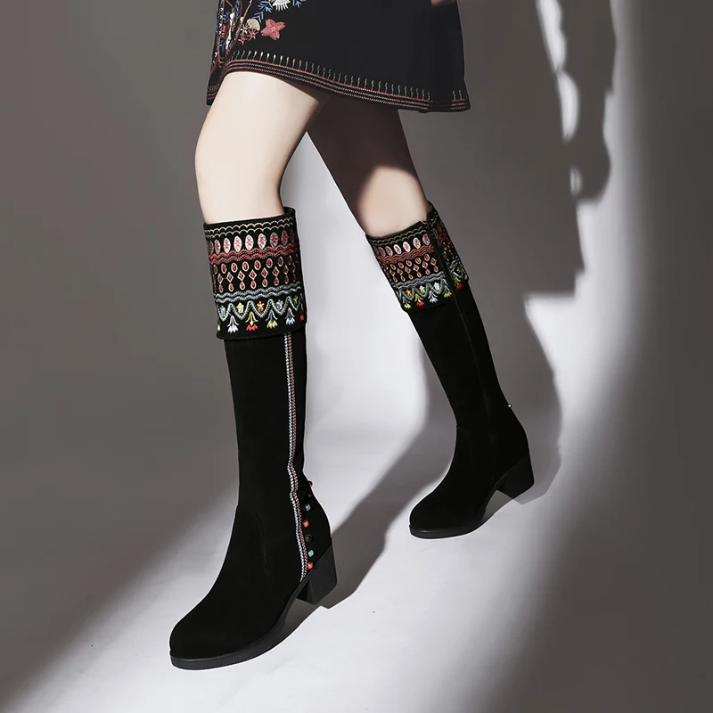 

WETKISS Ethnic Knee High Boots Women Fur Suede High Heels Boots Female Embroider Colorful Rivet Shoes Woman Shoes Winter 2019