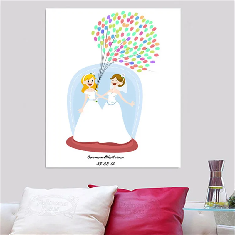 Lesbian Lovers Europe Wedding Engagement Party DIY Free Customized Name Date Fingerprint Canvas Painting Guest Book Anniversary | Дом и сад