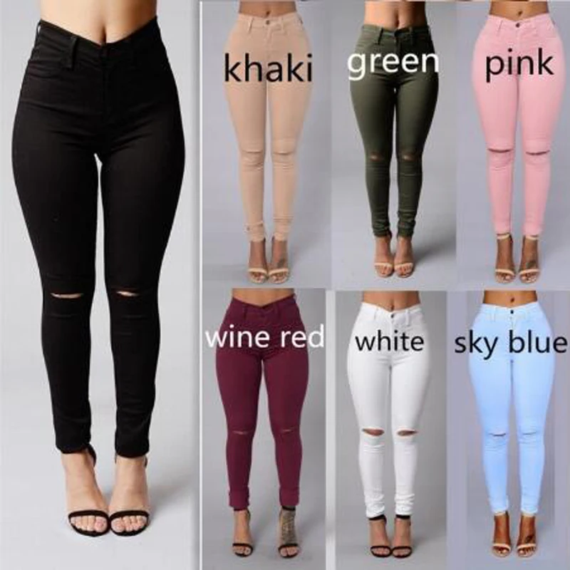 

Women Jeans Fashion New Style Sexy Hole Pants Skinny Full Length Slim Knee Hole Cotton Ball Pencil Feet Pants