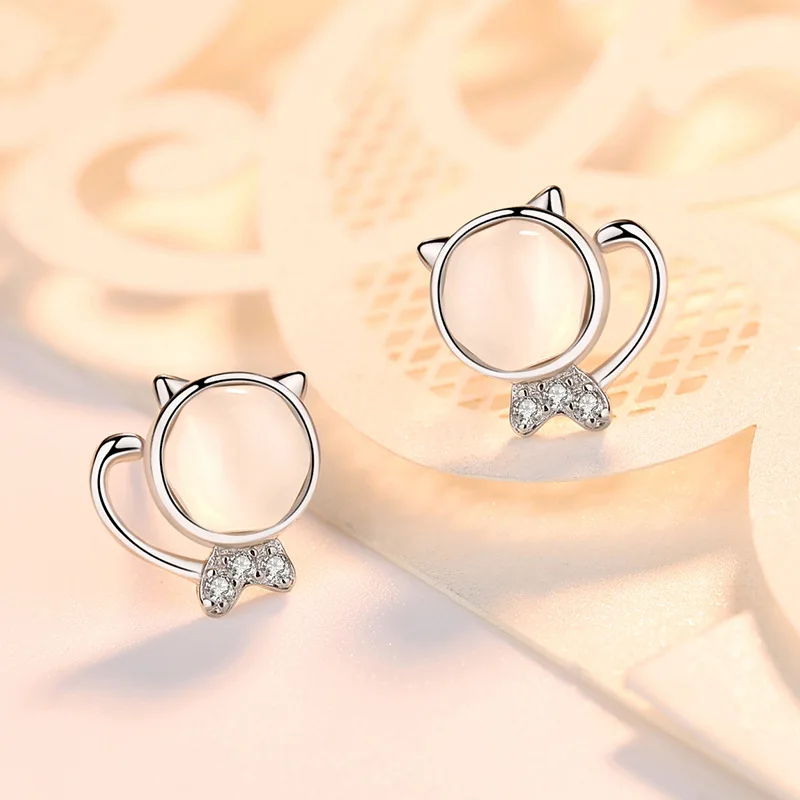 S925 sterling silver earrings small fresh cute micro-inlaid zircon opal kitten women's gift | Украшения и аксессуары