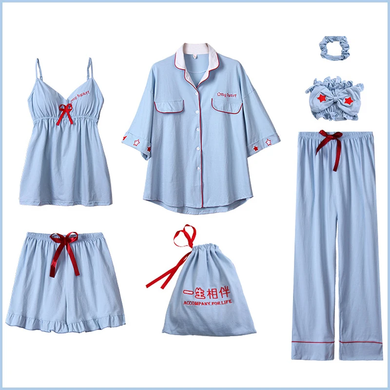 Fashion 7 Pieces Sleepwear Women Checker Warm Soft Cotton Pajamas Set Ladies Pink and White Plaid Cotton Nightwear 7pcs