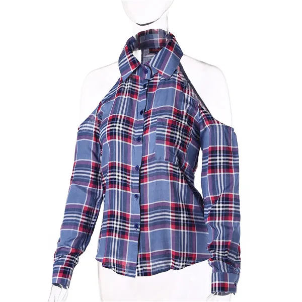 ClassicBlue Dioufond, женская шифоновая блузка, Сексуальная Блузка с открытыми плечами, с длинным рукавом, красная клетчатая рубашка, женская блузка с отложным воротником и открытыми плечами - Цвет: ClassicBlue