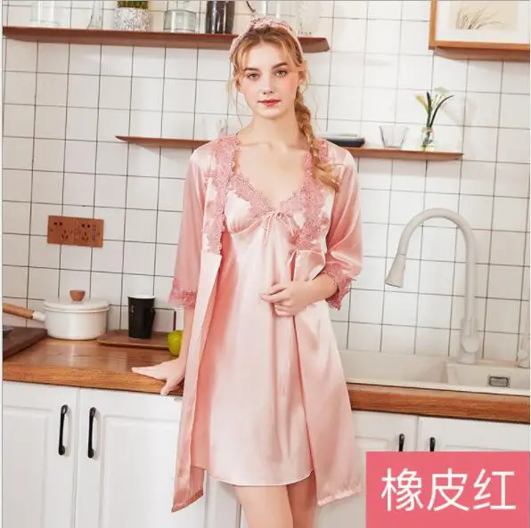 Сексуальное ночное белье ночной халат 2 предмета розовая кружевная ночная