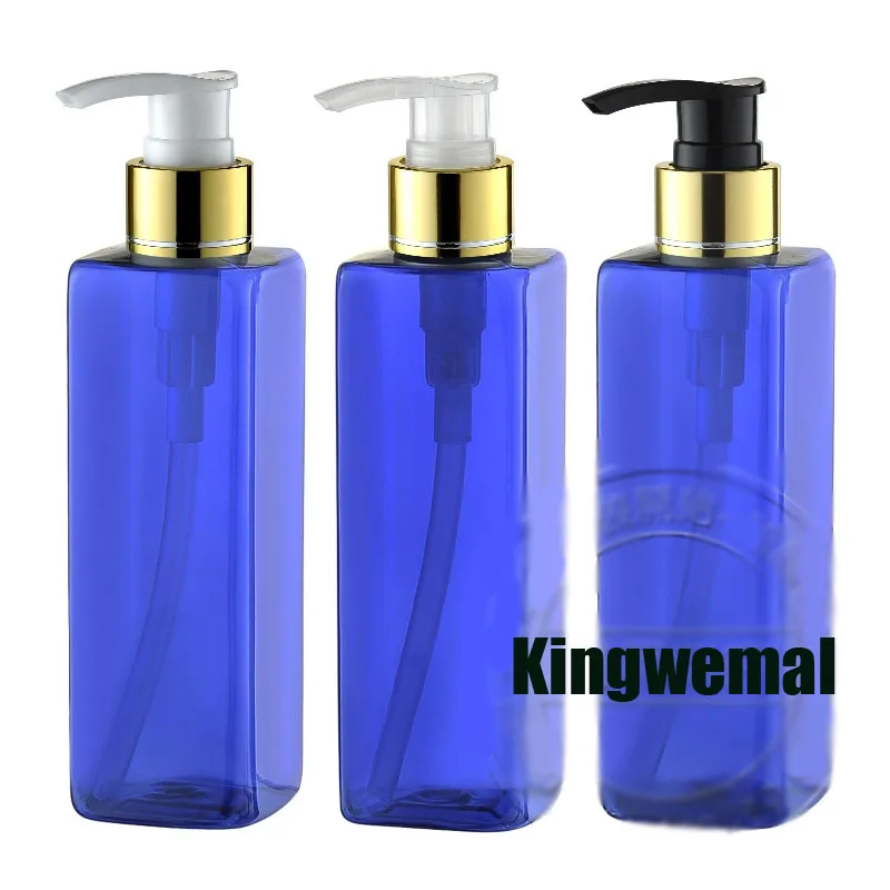 

250ml empty lotion bottles (PET),Square Bottle 250cc shower gel cream Blue plastic containers with gold aluminum pump 300pc/lot